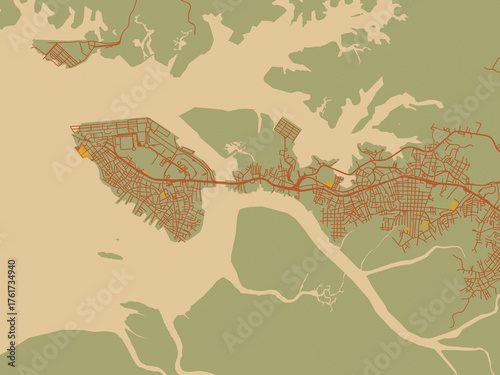 Decorative flat city map of Buenaventura, Colombia using sage green ground with rust-red roads and ochre accents.