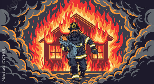 Flat vector of heroic firefighter carrying rescued child from burning house, symbol of bravery, compassion, and safety