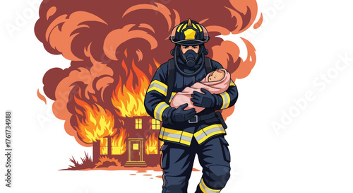 Flat vector of heroic firefighter carrying rescued child from burning house, symbol of bravery, compassion, and safety