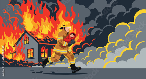Flat vector of heroic firefighter carrying rescued child from burning house, symbol of bravery, compassion, and safety