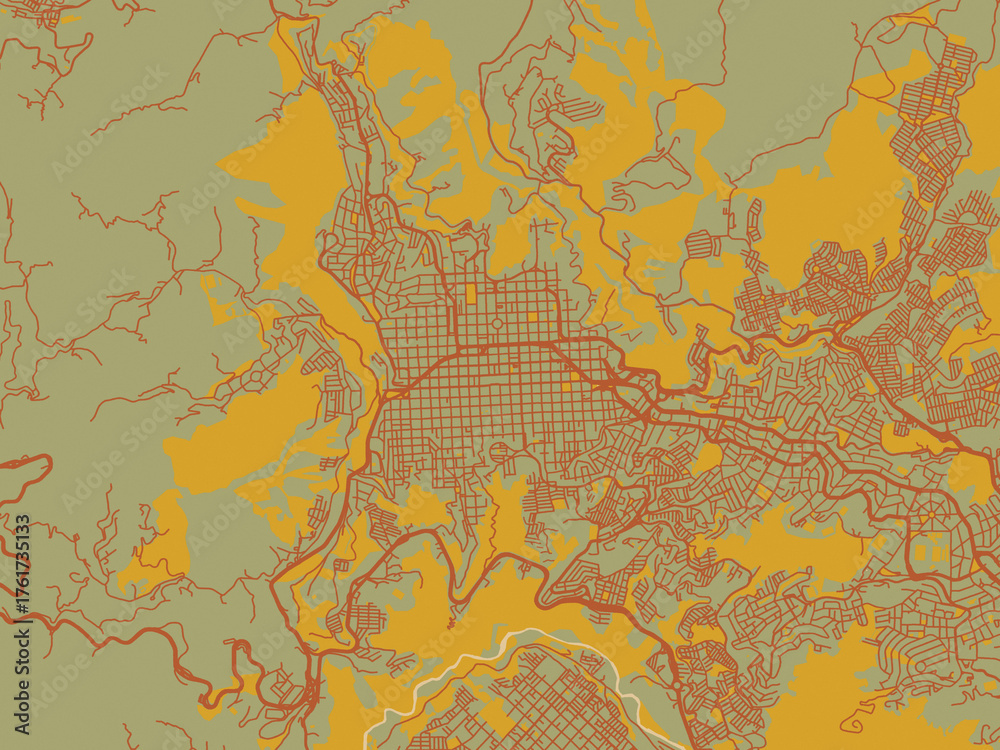 Naklejka premium Minimalist flat city map of Manizales, Colombia with earthy sage background with rust roadways and ochre details.
