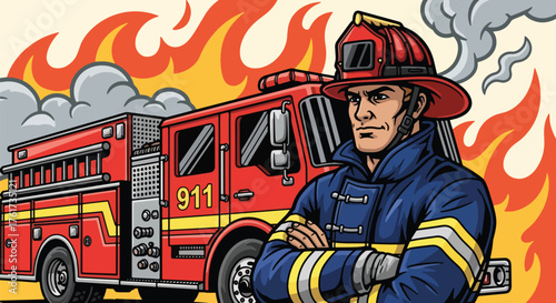 Flat vector of proud firefighter in full gear standing next to fire truck, symbol of heroism, courage, and public service