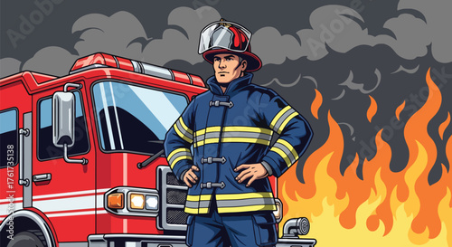 Flat vector of proud firefighter in full gear standing next to fire truck, symbol of heroism, courage, and public service