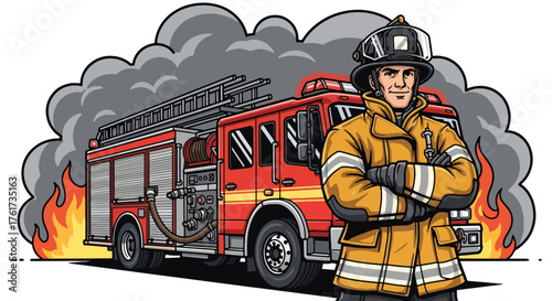 Flat vector of proud firefighter in full gear standing next to fire truck, symbol of heroism, courage, and public service