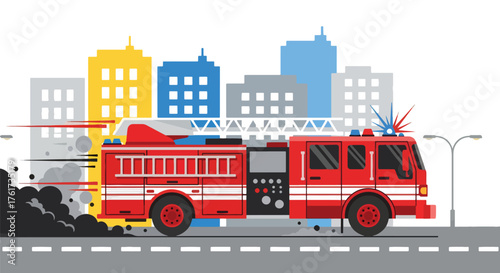 Flat vector of red fire truck speeding through city with sirens on, quick emergency response concept in vivid flat design