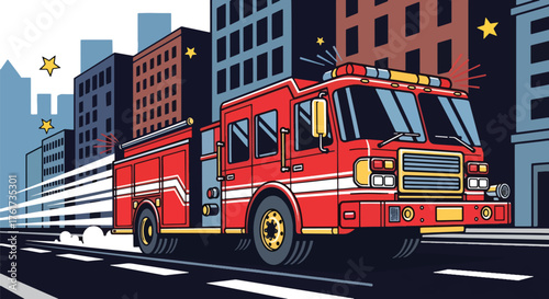 Flat vector of red fire truck speeding through city with sirens on, quick emergency response concept in vivid flat design