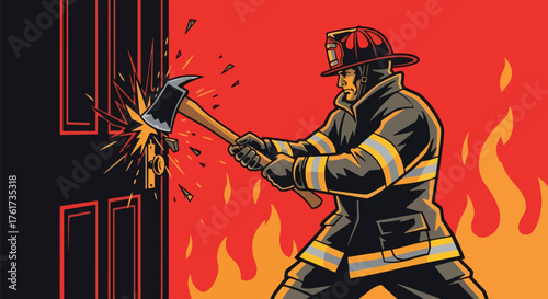 Flat vector of firefighter breaking door with axe during fire rescue, symbolizing courage, strength, and urgency