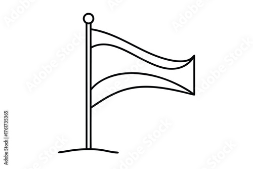 Simple Black and White Waving Flag on a Flagpole Outlined Drawing
