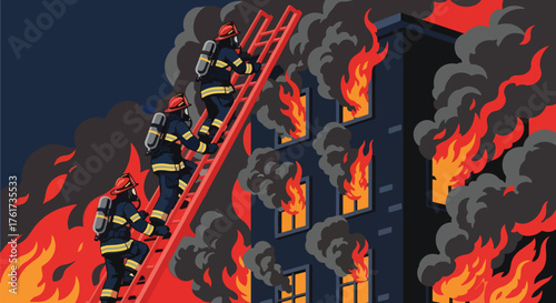 Flat vector of firefighter climbing ladder toward smoky building window during rescue, bravery and dedication concept