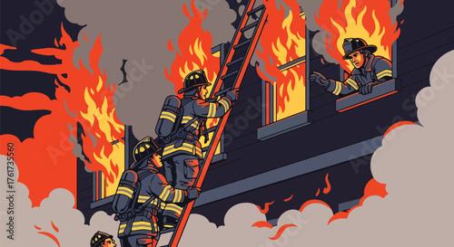Flat vector of firefighter climbing ladder toward smoky building window during rescue, bravery and dedication concept