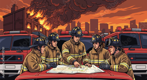 Flat vector of firefighter team briefing together before mission beside fire trucks, teamwork and readiness concept