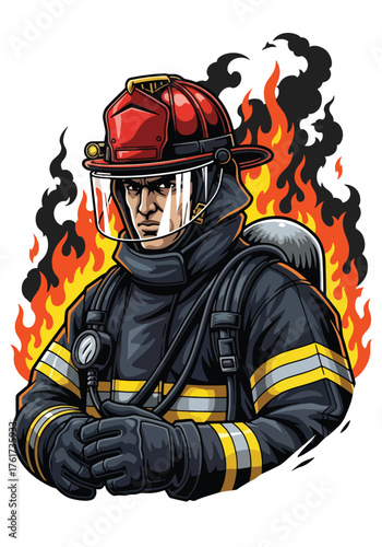 Flat style illustration of firefighter wearing full protective gear with helmet, oxygen tank, and gloves, hero portrait style, solid vivid colors
