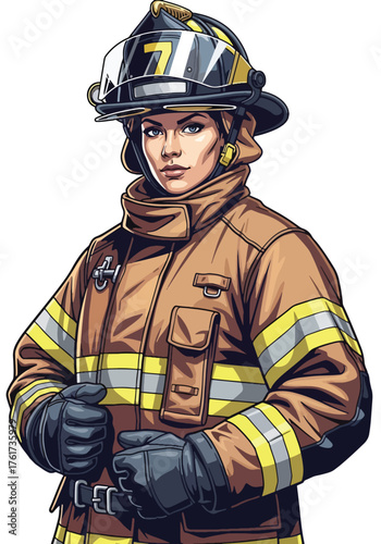 Flat style illustration of female firefighter wearing full protective gear with helmet, oxygen tank, and gloves, hero portrait style, solid vivid colors