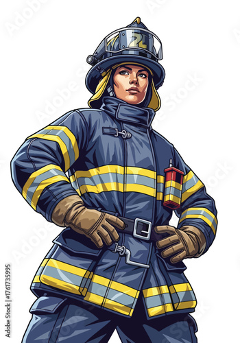 Flat style illustration of female firefighter wearing full protective gear with helmet, oxygen tank, and gloves, hero portrait style, solid vivid colors