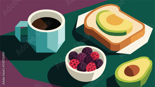Illustration Vector Healthy Breakfast Items Avocado Toast, A Bowl Of Berries, And A Cup Of Black Coffee Vector Design Template