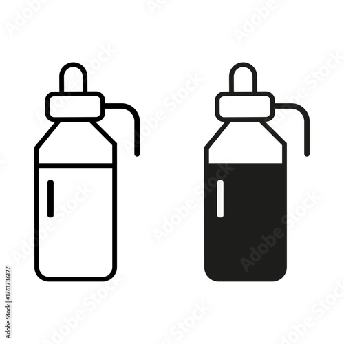 Hand drawn Outline Icon of a Small Reagent Bottle with a Narrow Neck and Cap in a Laboratory Setting. Outline sports squeeze bottle icon for hydration and fitness. Clean sterile suction canisters.
