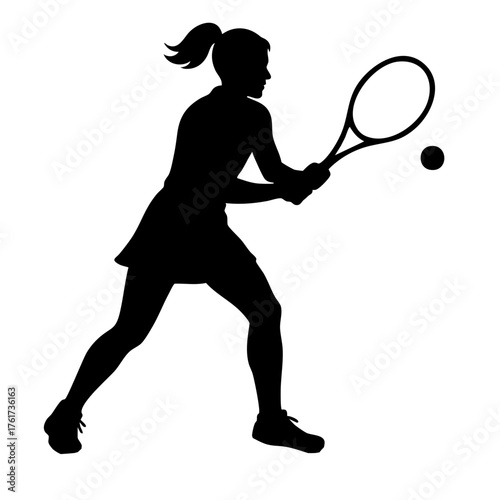 Female tennis player hitting a ball with racket in silhouette  