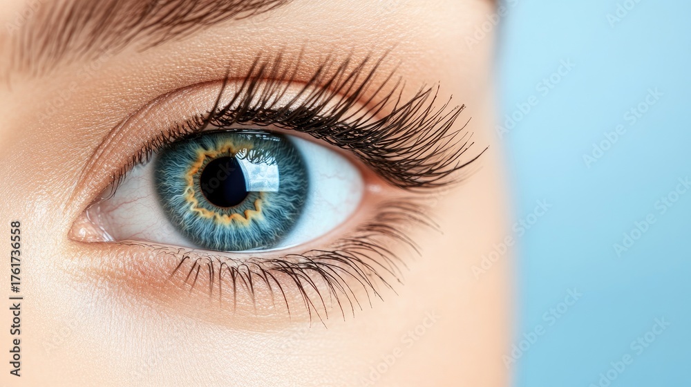 Obraz premium Captivating close-up of a woman's eye showcasing striking blue iris and long, delicate eyelashes