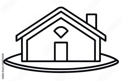 Stylized black and white drawing of a simple house on a plateau