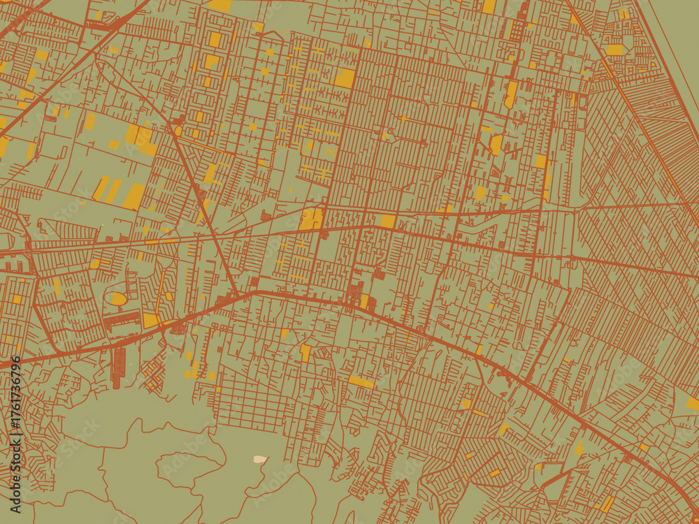 Obraz premium Decorative flat city map of Coacalco, Mexico using sage green ground with rust-red roads and ochre accents.