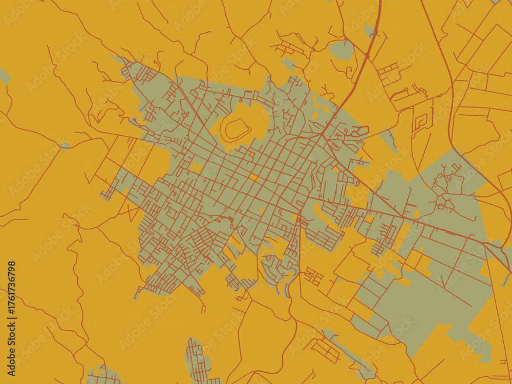 Naklejka premium Contemporary flat map of Coatepec, Mexico design with earthy sage background with rust roadways and ochre details.
