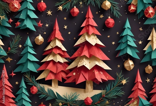 Festive Origami Christmas Trees and Decorations on a Dark Background - Generated by AI”