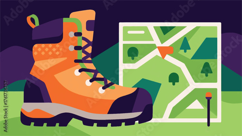 Illustration Vector Hiking Boot Next To A Trail Map, Ready For A Day Of Exploration Vector Design Template