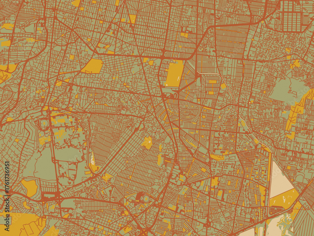 Obraz premium Abstract flat-design map of Coyoacan, Mexico, featuring earthy sage background with rust roadways and ochre details.