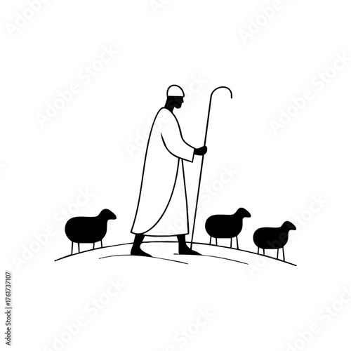 Shepherd leading flock across hillside, conveying care, guidance, and simple rural living.