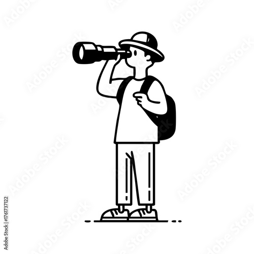 Explorer observing through a telescope, representing curiosity, discovery, and the human quest for knowledge.