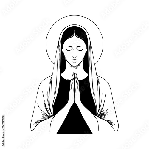 Holy Mary praying with folded hands, expressing devotion, humility, and the power of faith.