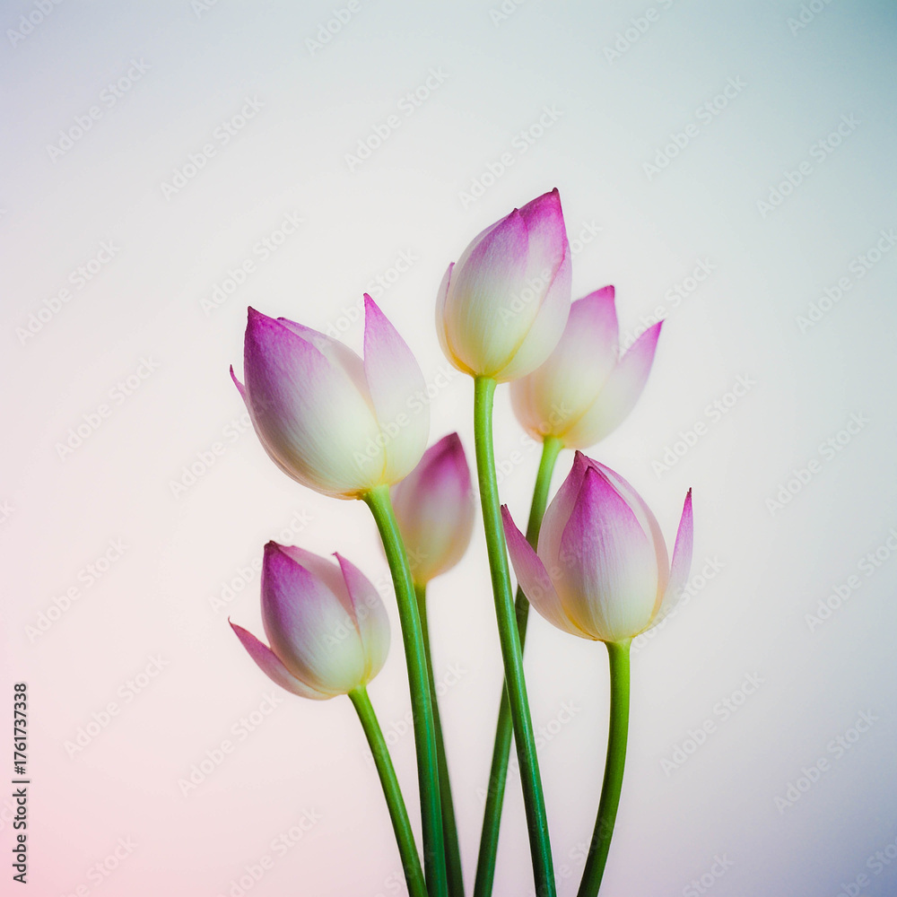 Naklejka premium Elegant white tulips with pink-tipped petals stand tall against a soft, pastel gradient background. A serene and modern floral composition for design or wellness.