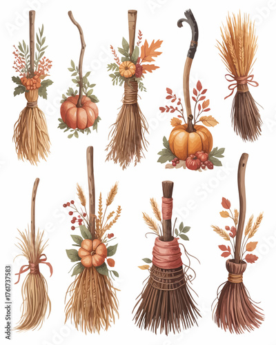 Vintage Halloween Broomsticks with Autumnal Decor