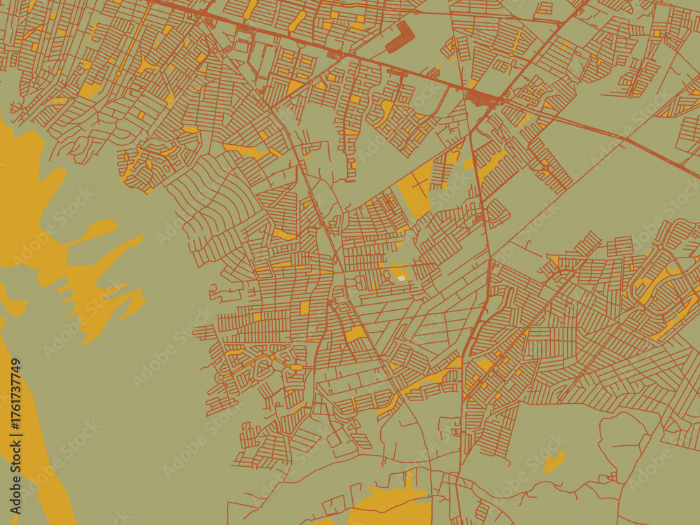Fototapeta premium Decorative flat city map of Jardines de la Silla (Jardines), Mexico using sage green ground with rust-red roads and ochre accents.