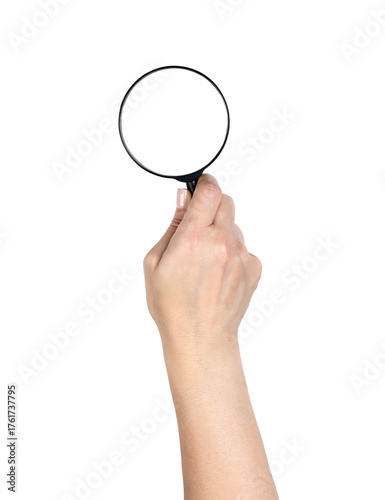 Woman hand holding magnifying glass, isolated object with transparent background PNG, tool for search, inspection, investigation, analysis, focus or discovery concept