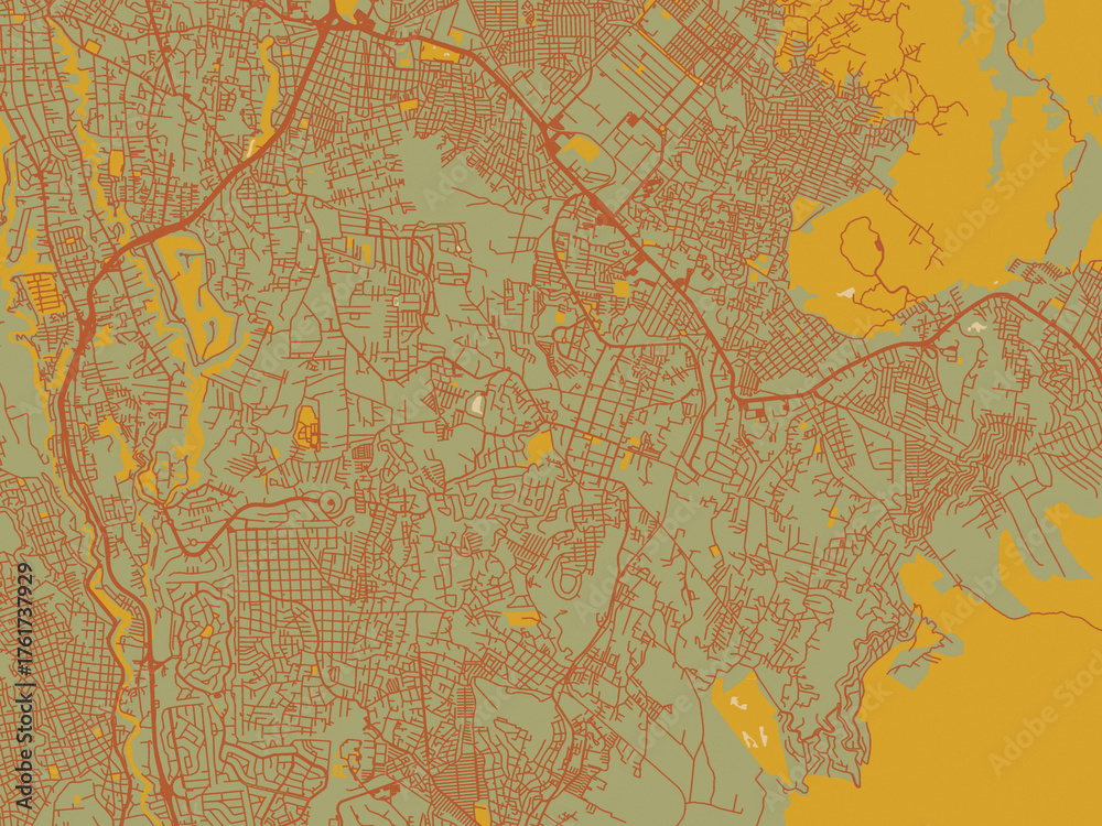 Fototapeta premium Stylized minimalist map of Jiutepec, Mexico in sage green ground with rust-red roads and ochre accents.