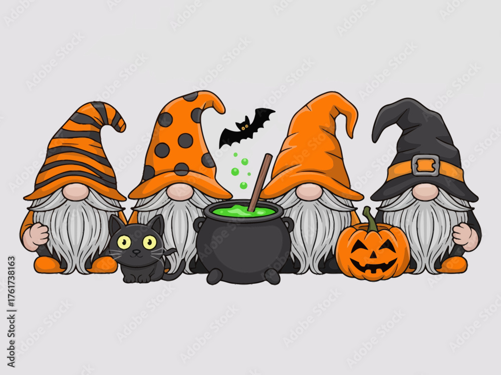 Obraz premium Cute Halloween Gnomes with Witch Cauldron Vector