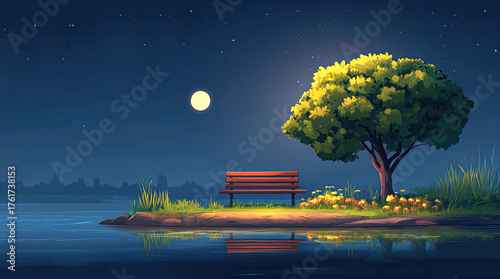 An illustration of a bench with a view of the moon at night