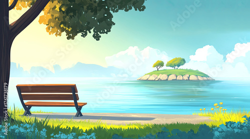 An illustration of a bench with a view of the sea and a small island in the morning