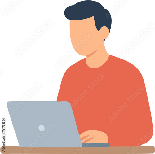 A flat vector illustration of a young man working on his laptop computer, representing remote work, freelancing, and online education