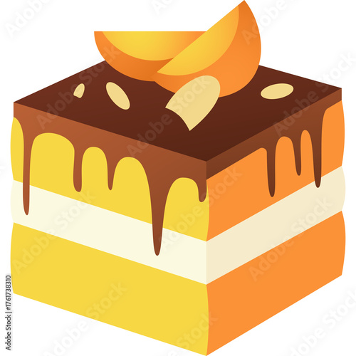 Square Shaped Chocolate Ganache Cake Topped with Orange Slices and Almond Slivers on Transparent Background