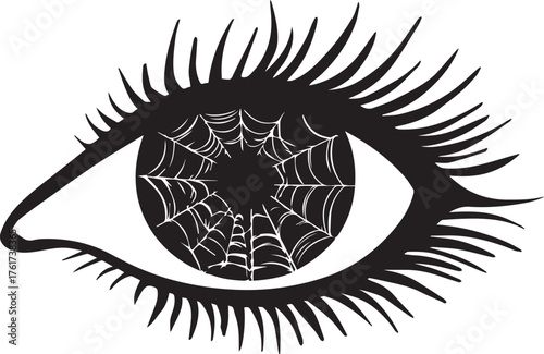 Silhouette of a human eye with a spider web pattern inside the iris, symbolizing fear, mystery, creativity, inner thoughts, dark imagination, surreal art, emotional depth, and psychological concept