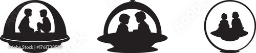 Silhouette of two children sitting together inside a UFO spaceship, symbolizing imagination, childhood adventure, fantasy exploration, futuristic dreams, friendship, creativity, and endless curiosity