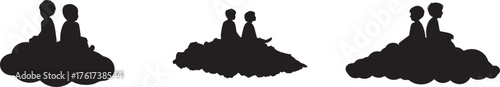 Silhouette of two children sitting together on a cloud, symbolizing friendship, peace, love, imagination, childhood dreams, emotional bond, and the beauty of innocence in a fantasy sky scene