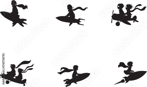 Silhouette of joyful children flying on toy rockets and airplanes with scarves waving, symbolizing imagination, dreams, childhood adventure, innovation, freedom, exploration, and creative inspiratio