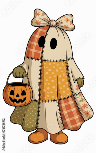 Quilted Ghost with Pumpkin Bucket, Halloween Art