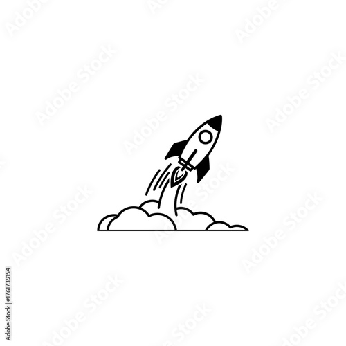 Rocket ship launching into space, isolated on white background