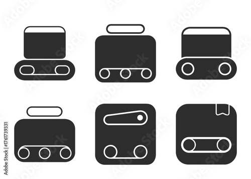 Six conveyor belt icons representing various shapes and material handling designs