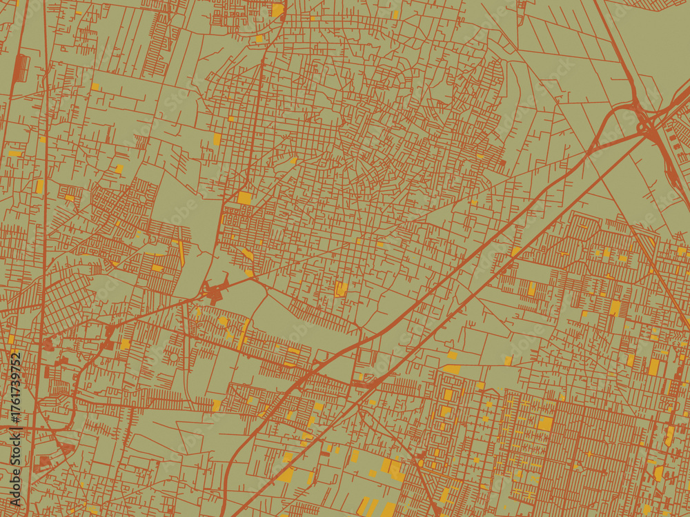 Obraz premium Modern flat map poster of Tultepec, Mexico in olive backdrop with warm rust street network and ochre blocks.