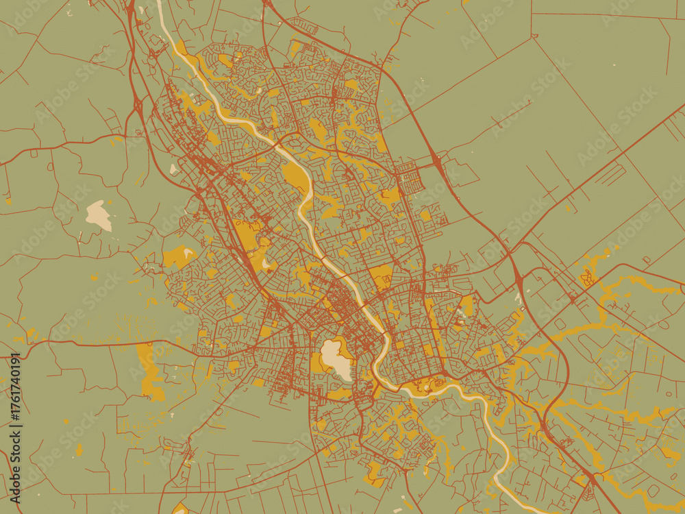 Obraz premium Abstract flat-design map of Hamilton, New Zealand, featuring olive backdrop with warm rust street network and ochre blocks.